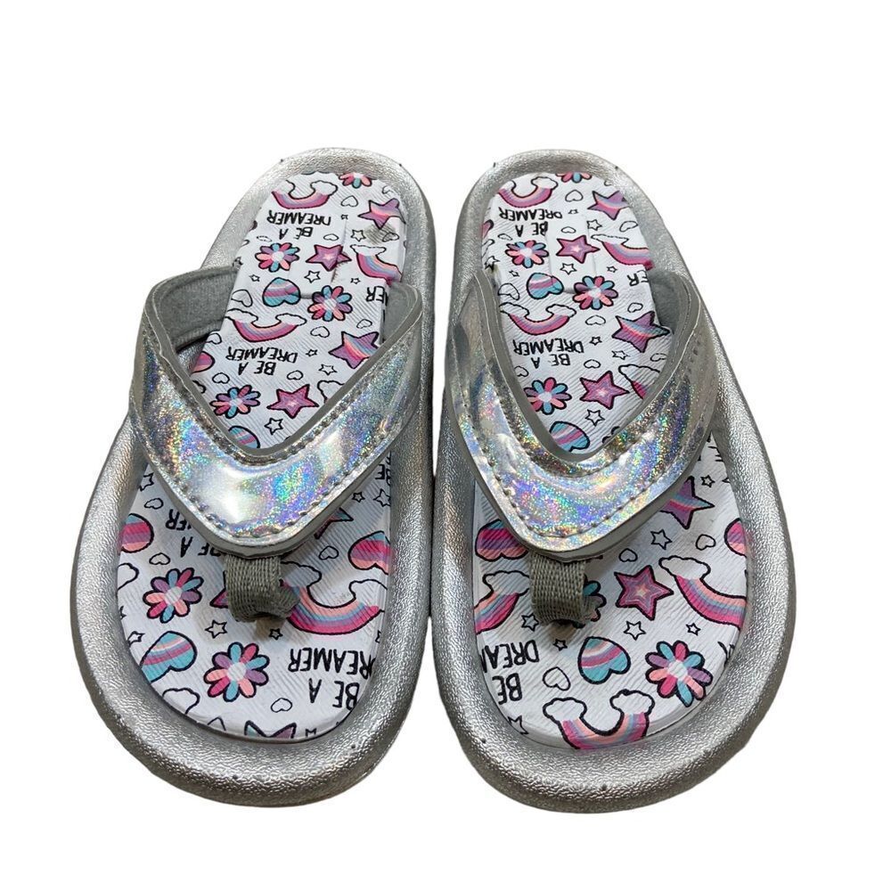 New without tags Girls Silver and Rainbow Printed‎ Flip Flops Size 1-2